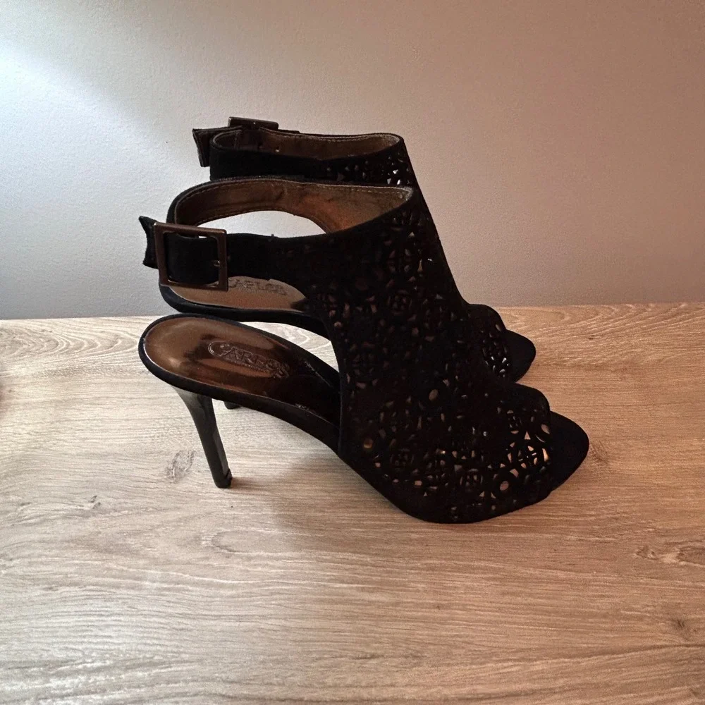 Carlos by Carlos Santana Black Suede‎ Laser Cut Peep Toe Ankle Strap Heels 7.5 M